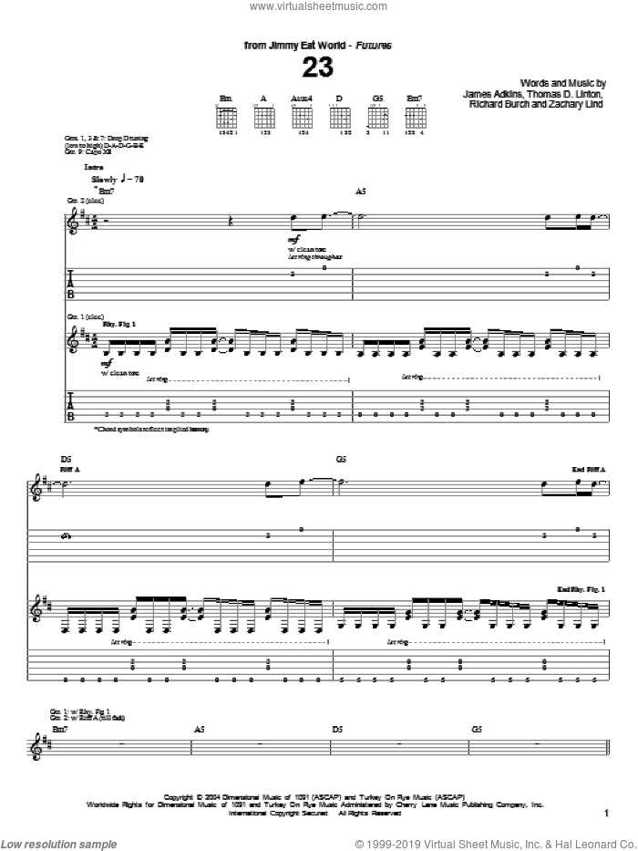 23 sheet music for guitar (tablature) by Jimmy Eat World, James Adkins, Richard Burch, Thomas D.Linton and Zachary Lind, intermediate skill level