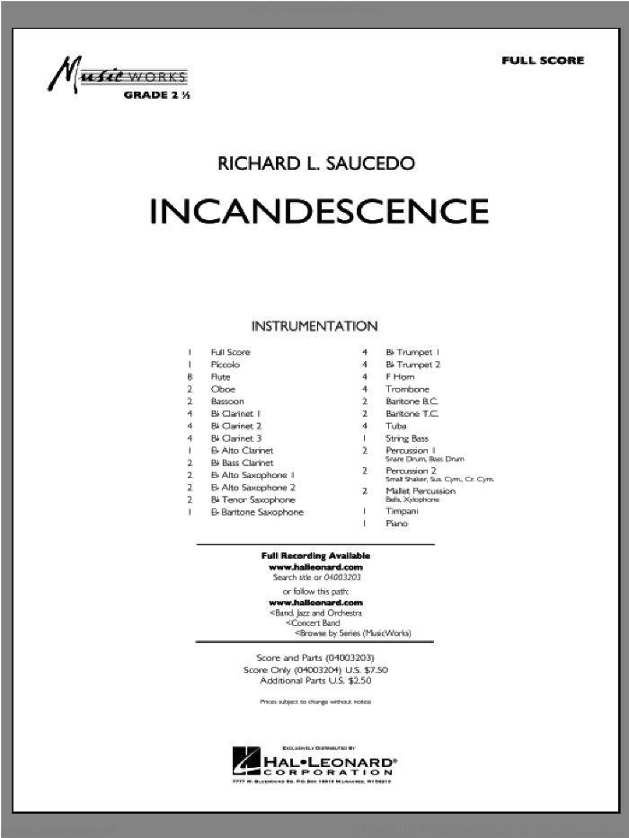 Incandescence (COMPLETE) sheet music for concert band by Richard L. Saucedo, intermediate skill level