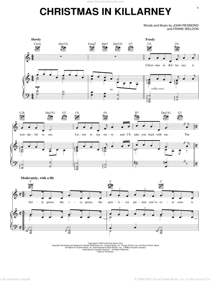 Christmas In Killarney sheet music for voice, piano or guitar by Frank Weldon and John Redmond, intermediate skill level