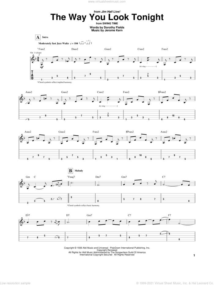The Way You Look Tonight sheet music for guitar (tablature) by Jim Hall, Dorothy Fields and Jerome Kern, wedding score, intermediate skill level