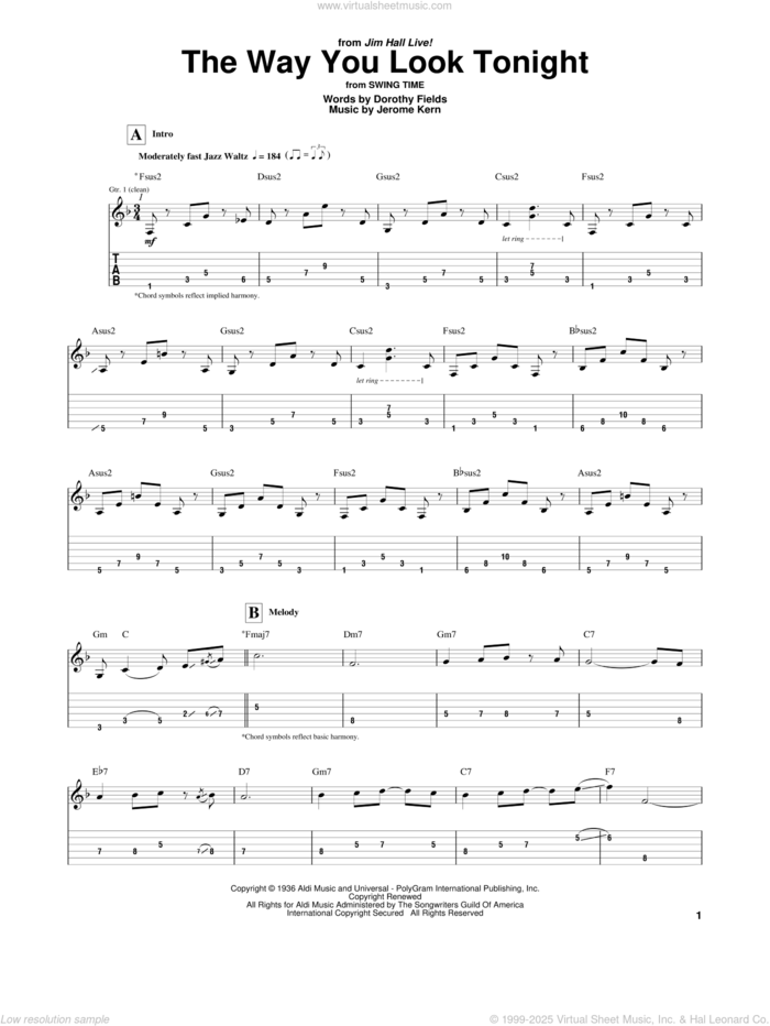 The Way You Look Tonight sheet music for guitar (tablature) by Jim Hall, Dorothy Fields and Jerome Kern, wedding score, intermediate skill level