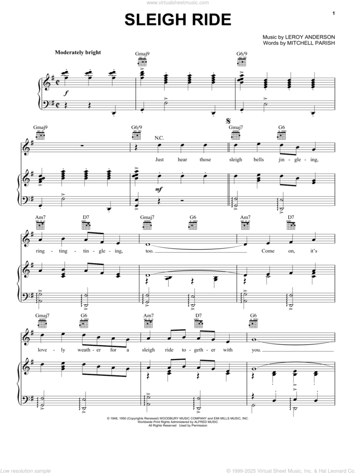 Sleigh Ride sheet music for voice, piano or guitar by Leroy Anderson and Mitchell Parish, intermediate skill level