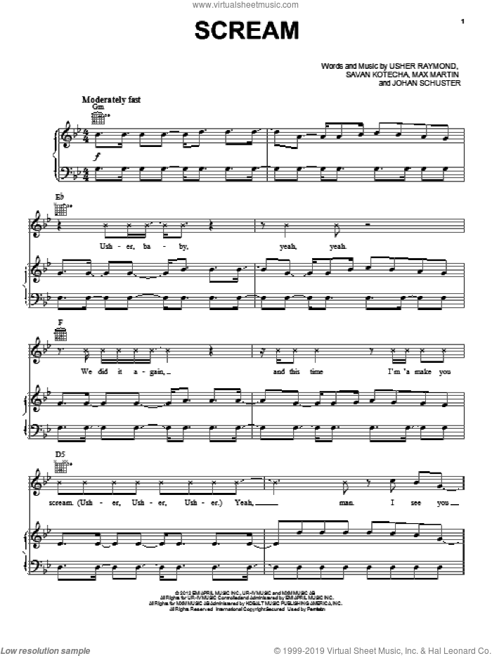 Scream sheet music for voice, piano or guitar by Max Martin, Gary Usher, Johan Schuster, Savan Kotecha and Usher Raymond, intermediate skill level