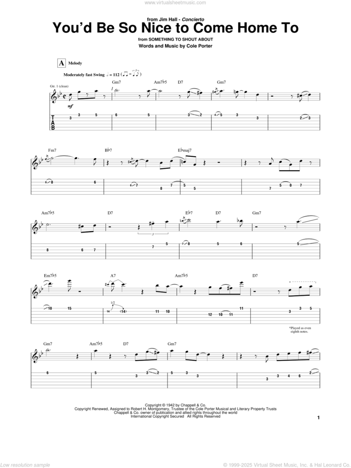 You'd Be So Nice To Come Home To sheet music for guitar (tablature) by Jim Hall and Cole Porter, wedding score, intermediate skill level