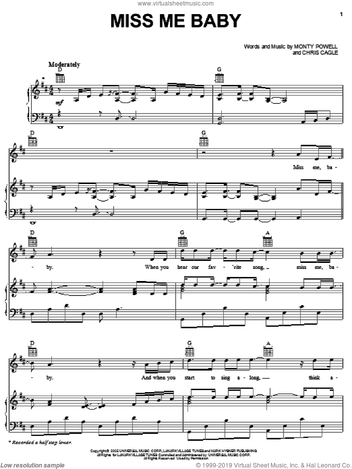 Miss Me Baby sheet music for voice, piano or guitar by Chris Cagle and Monty Powell, intermediate skill level