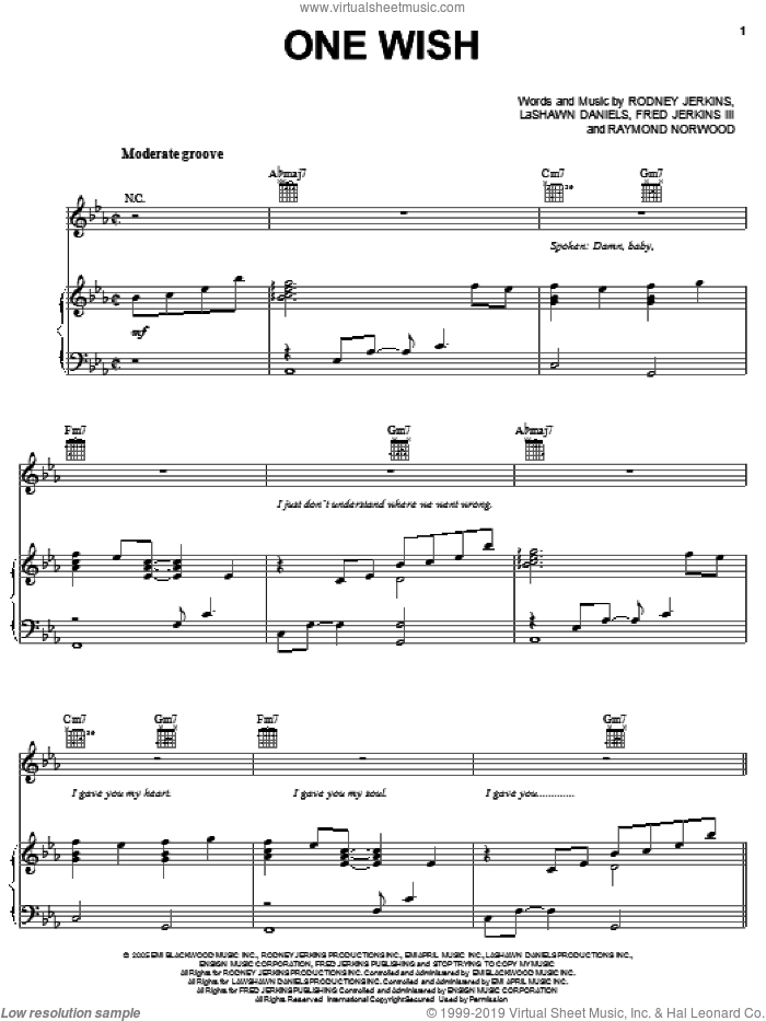 One Wish sheet music for voice, piano or guitar by Ray J, Fred Jerkins III, LaShawn Daniels, Raymond Norwood and Rodney Jerkins, intermediate skill level