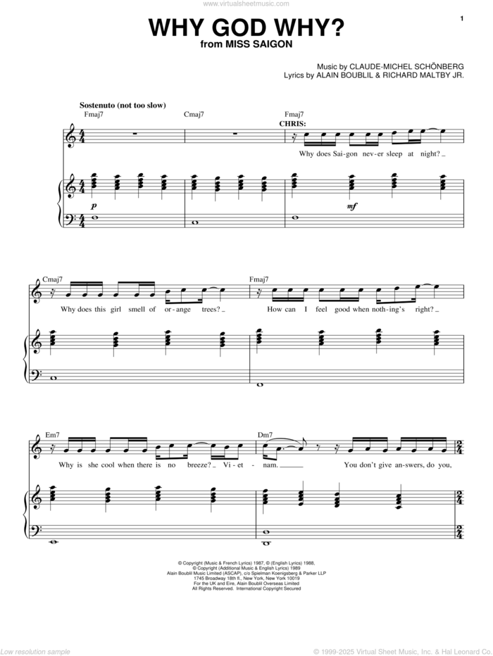 Why God Why? (from Miss Saigon) sheet music for voice and piano by Claude-Michel Schonberg, Miss Saigon (Musical), Alain Boublil and Richard Maltby, Jr., intermediate skill level