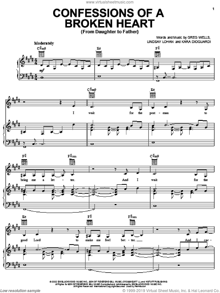 Confessions Of A Broken Heart (Daughter To Father) sheet music for voice, piano or guitar by Lindsay Lohan, Greg Wells and Kara DioGuardi, intermediate skill level