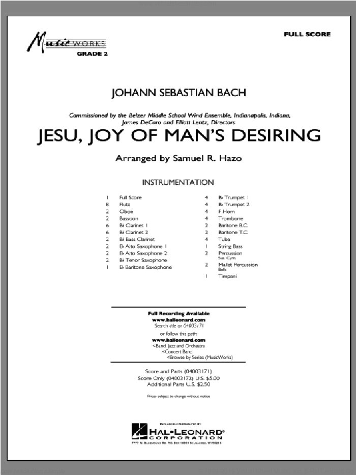 Jesu, Joy Of Man's Desiring (COMPLETE) sheet music for concert band by Johann Sebastian Bach and Samuel R. Hazo, classical score, intermediate skill level