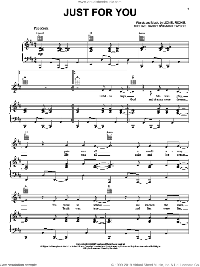 Just For You sheet music for voice, piano or guitar by Lionel Richie, Mark Taylor and Michael Barry, intermediate skill level