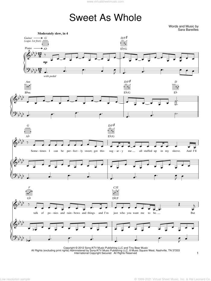 Sweet As Whole sheet music for voice, piano or guitar by Sara Bareilles, intermediate skill level