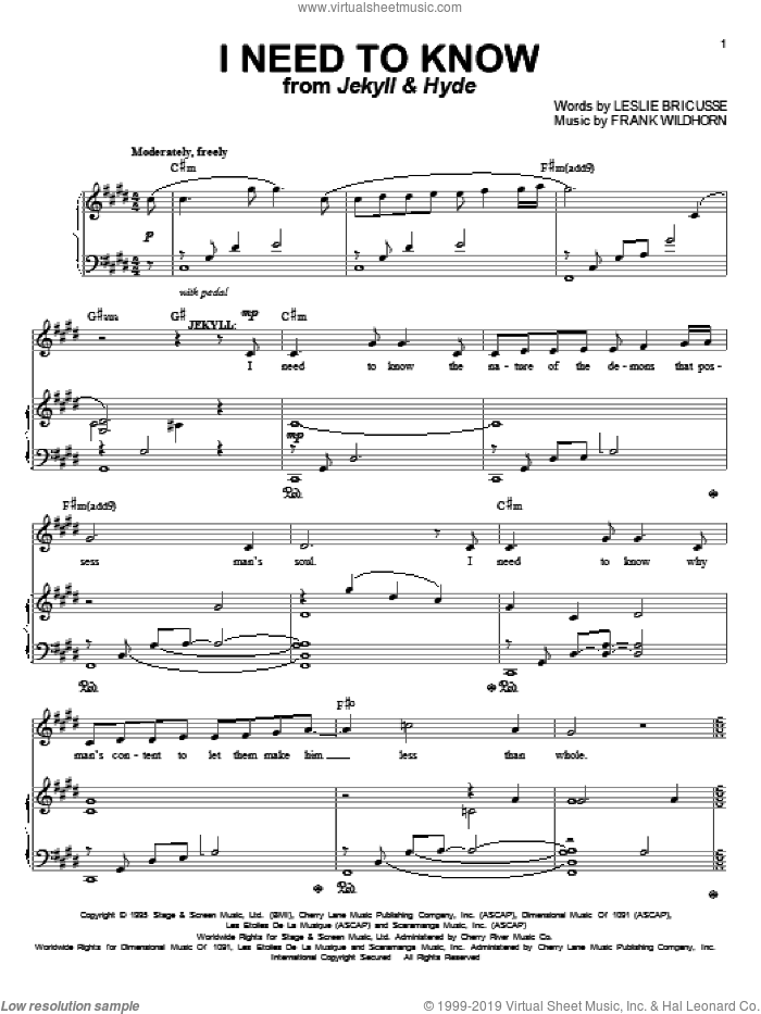 I Need To Know sheet music for voice and piano by Leslie Bricusse and Frank Wildhorn, intermediate skill level