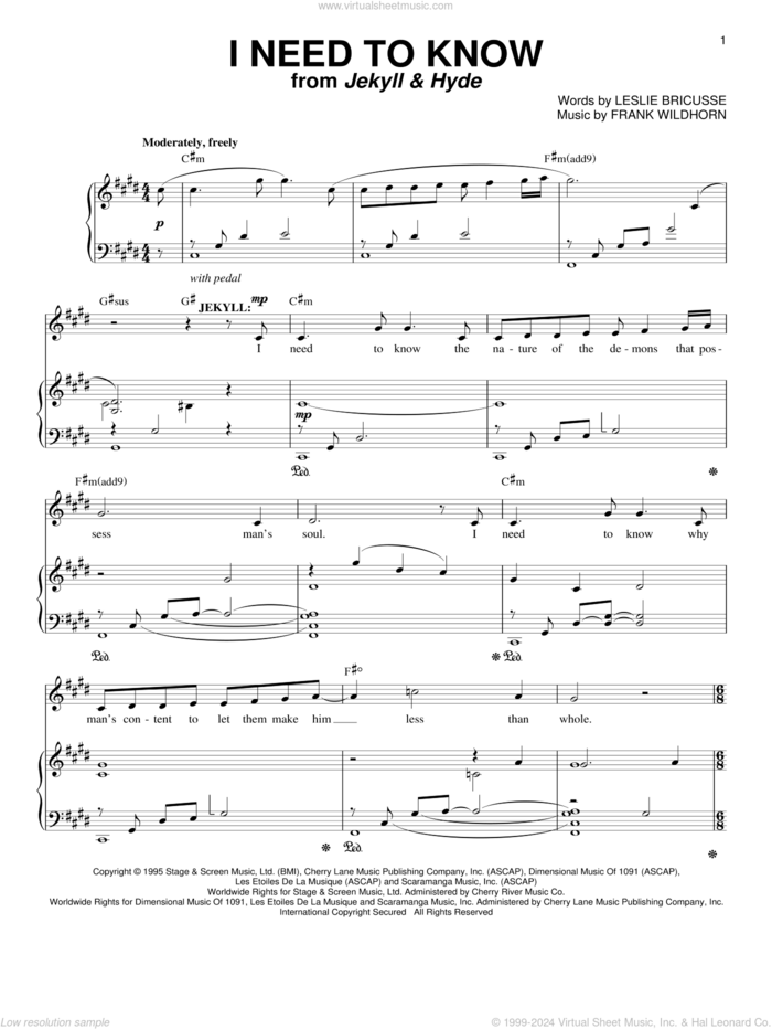 I Need To Know (from Jekyll and Hyde) sheet music for voice and piano by Leslie Bricusse and Frank Wildhorn, intermediate skill level