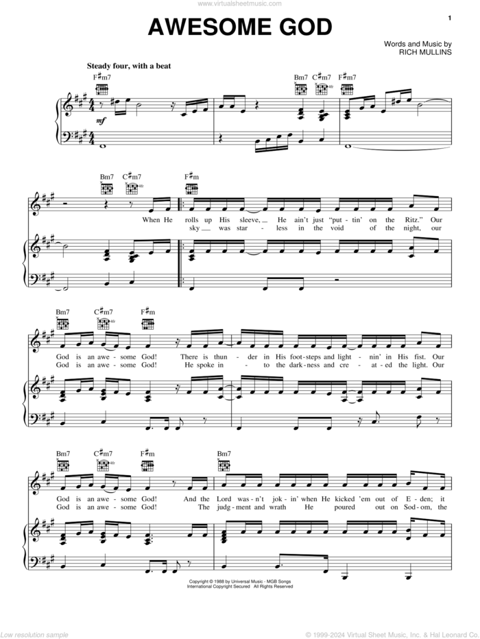 Awesome God sheet music for voice, piano or guitar by Rich Mullins, intermediate skill level