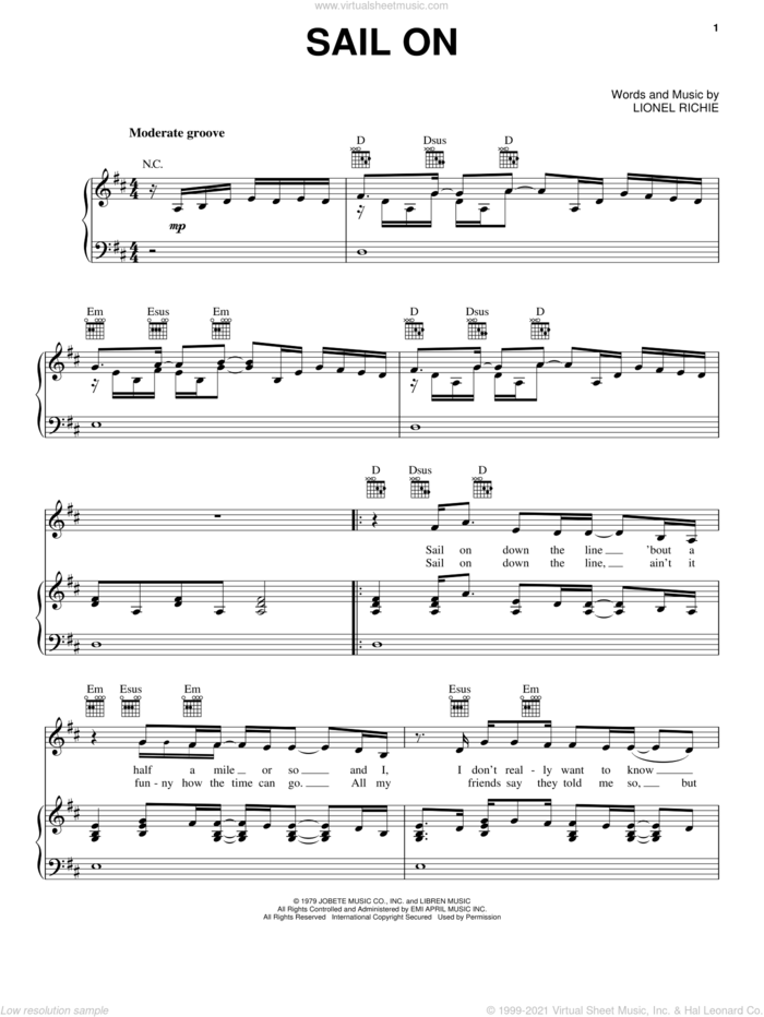 Sail On sheet music for voice, piano or guitar by Lionel Richie and The Commodores, intermediate skill level