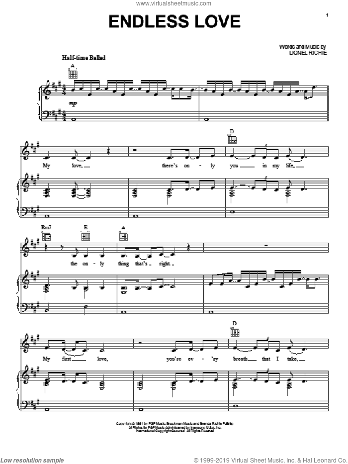 Endless Love sheet music for voice, piano or guitar by Lionel Richie, wedding score, intermediate skill level