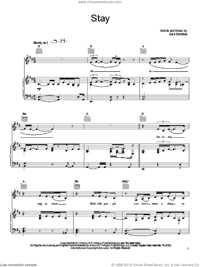 Stay sheet music for voice, piano or guitar by Sara Bareilles, intermediate skill level