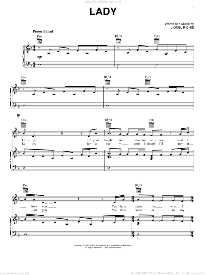 Lady sheet music for voice, piano or guitar by Lionel Richie and Kenny Rogers, intermediate skill level