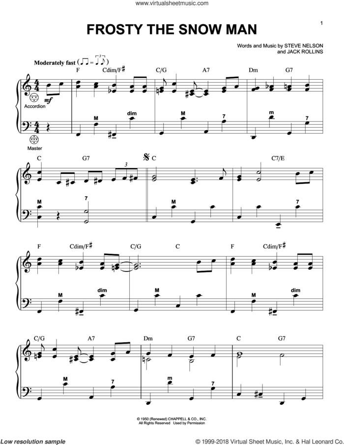 Frosty The Snow Man sheet music for accordion by Steve Nelson and Jack Rollins, intermediate skill level