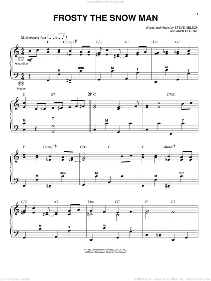 Frosty The Snow Man sheet music for accordion by Steve Nelson and Jack Rollins, intermediate skill level