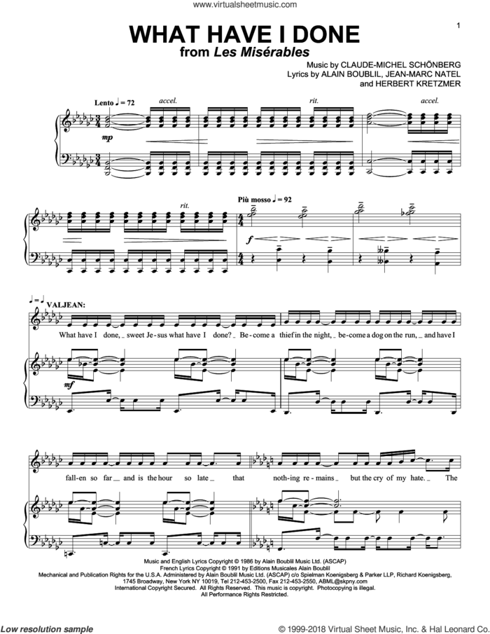 What Have I Done sheet music for voice and piano by Boublil and Schonberg, Les Miserables (Musical), Alain Boublil, Claude-Michael Schonberg, Herbert Kretzmer and Jean-Marc Natel, intermediate skill level