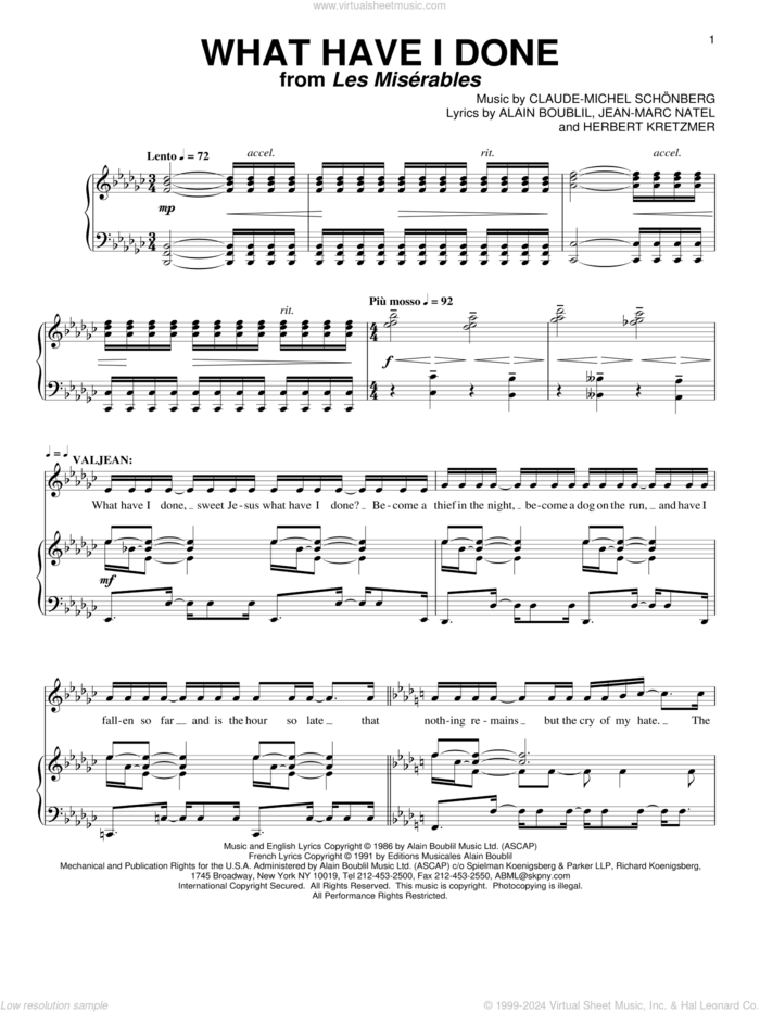 What Have I Done sheet music for voice and piano by Boublil and Schonberg, Les Miserables (Musical), Alain Boublil, Claude-Michael Schonberg, Herbert Kretzmer and Jean-Marc Natel, intermediate skill level