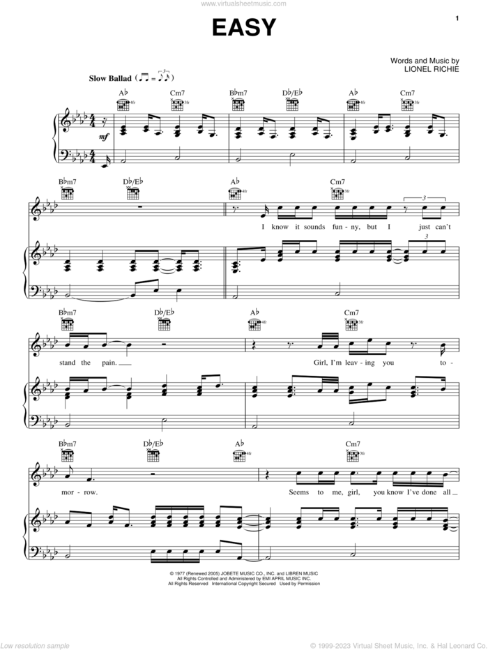 Easy sheet music for voice, piano or guitar by Lionel Richie and The Commodores, intermediate skill level