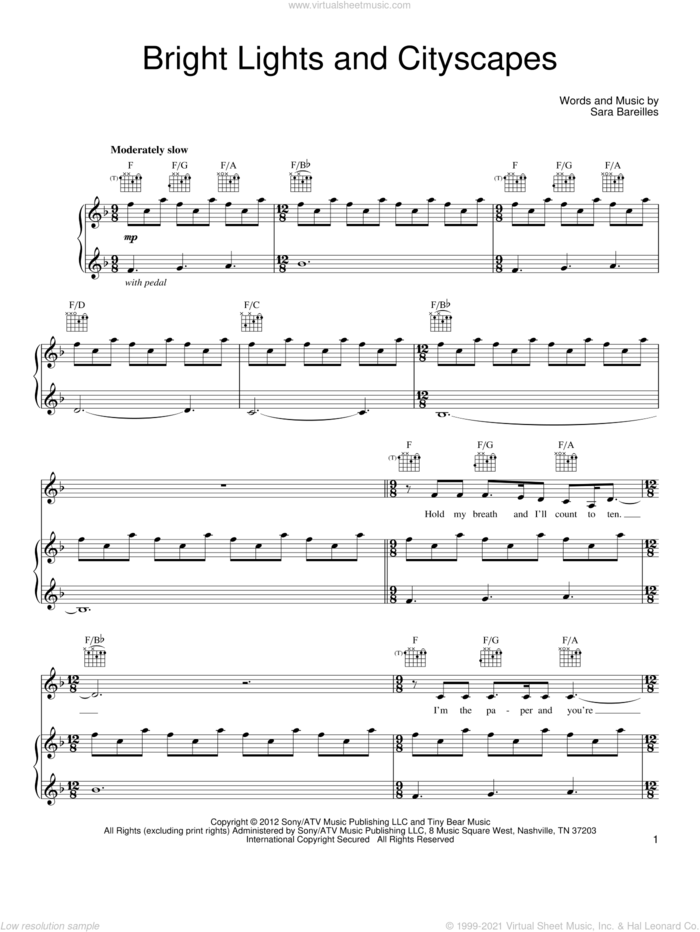 Bright Lights And Cityscapes sheet music for voice, piano or guitar by Sara Bareilles, intermediate skill level