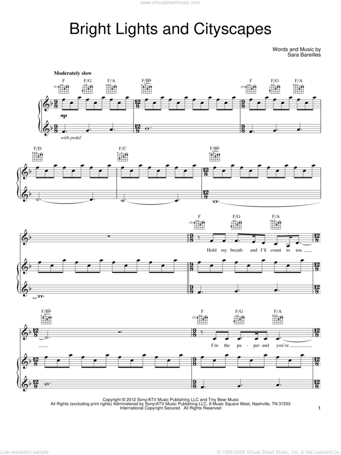 Bright Lights And Cityscapes sheet music for voice, piano or guitar by Sara Bareilles, intermediate skill level