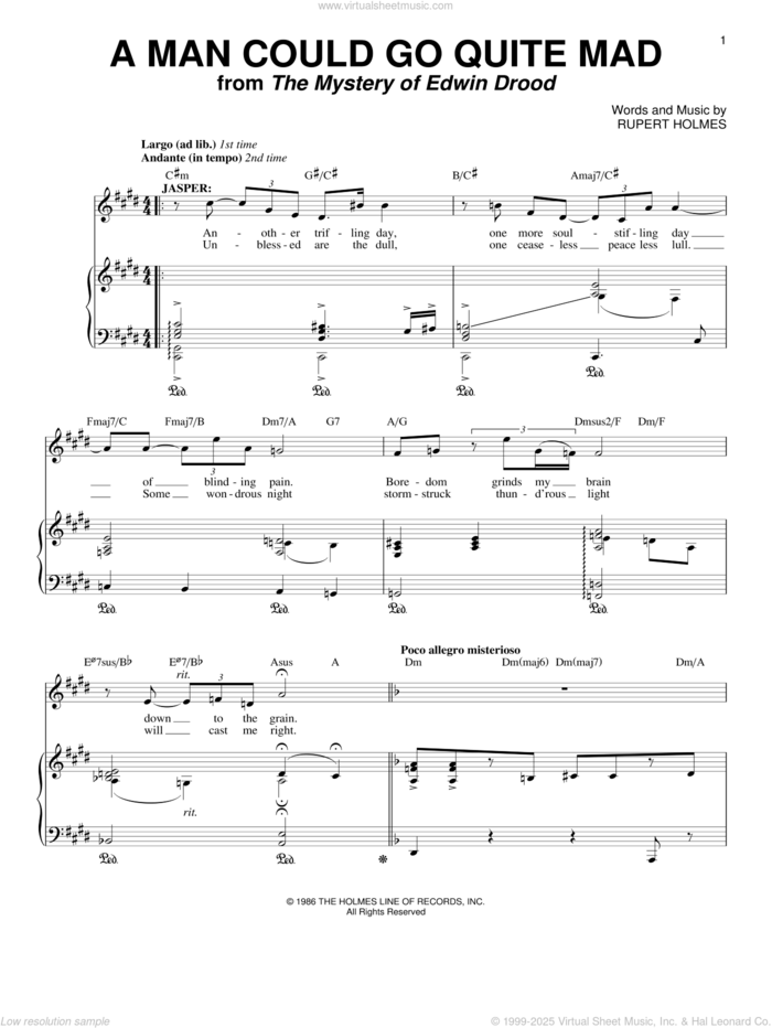 A Man Could Go Quite Mad (from The Mystery Of Edwin Drood) sheet music for voice and piano by Rupert Holmes, intermediate skill level