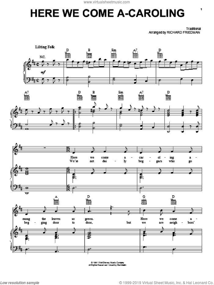 Here We Come A-Caroling sheet music for voice, piano or guitar, intermediate skill level