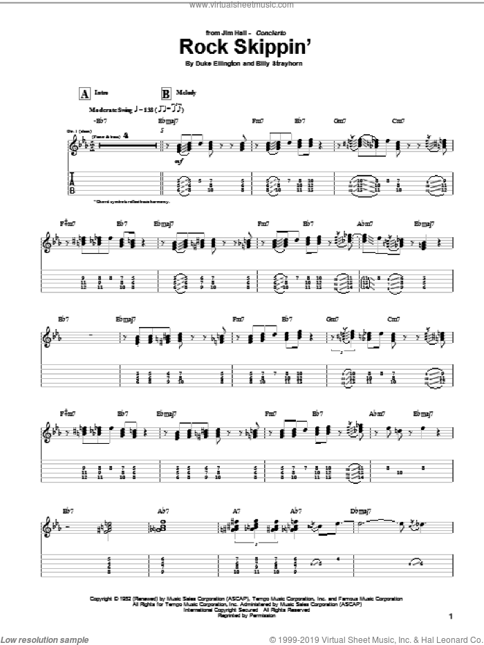 Rock Skippin' sheet music for guitar (tablature) by Jim Hall, Billy Strayhorn and Duke Ellington, intermediate skill level