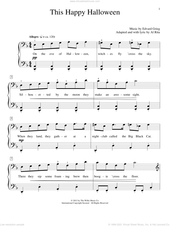 This Happy Halloween sheet music for piano solo (elementary) by Edvard Grieg, Al Rita and Miscellaneous, beginner piano (elementary)