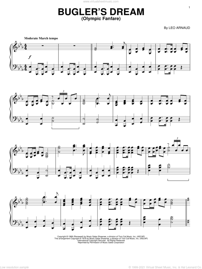 Bugler's Dream (Olympic Fanfare) sheet music for piano solo by Leo Arnaud, classical score, intermediate skill level