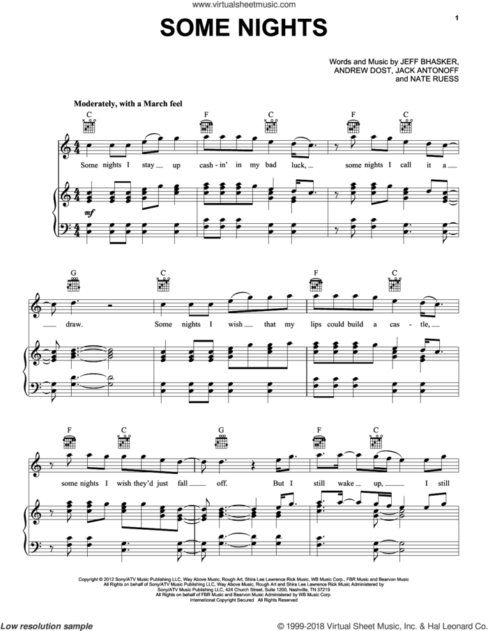 Some Nights sheet music for voice, piano or guitar by Fun, Andrew Dost, Jack Antonoff, Jeff Bhasker and Nathaniel Ruess, intermediate skill level