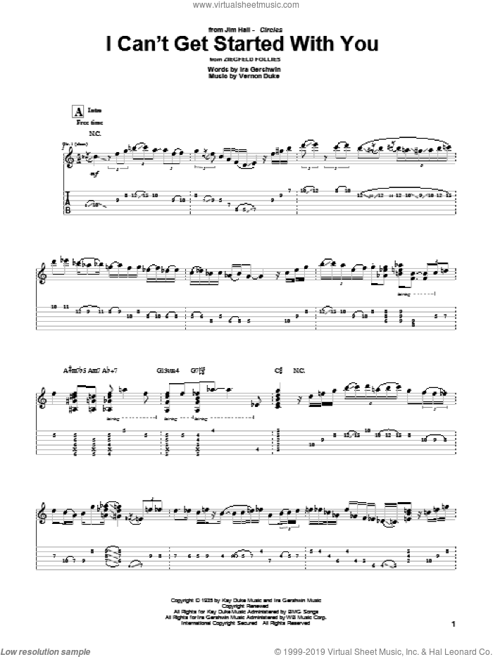 I Can't Get Started With You sheet music for guitar (tablature) by Jim Hall, Ira Gershwin and Vernon Duke, intermediate skill level