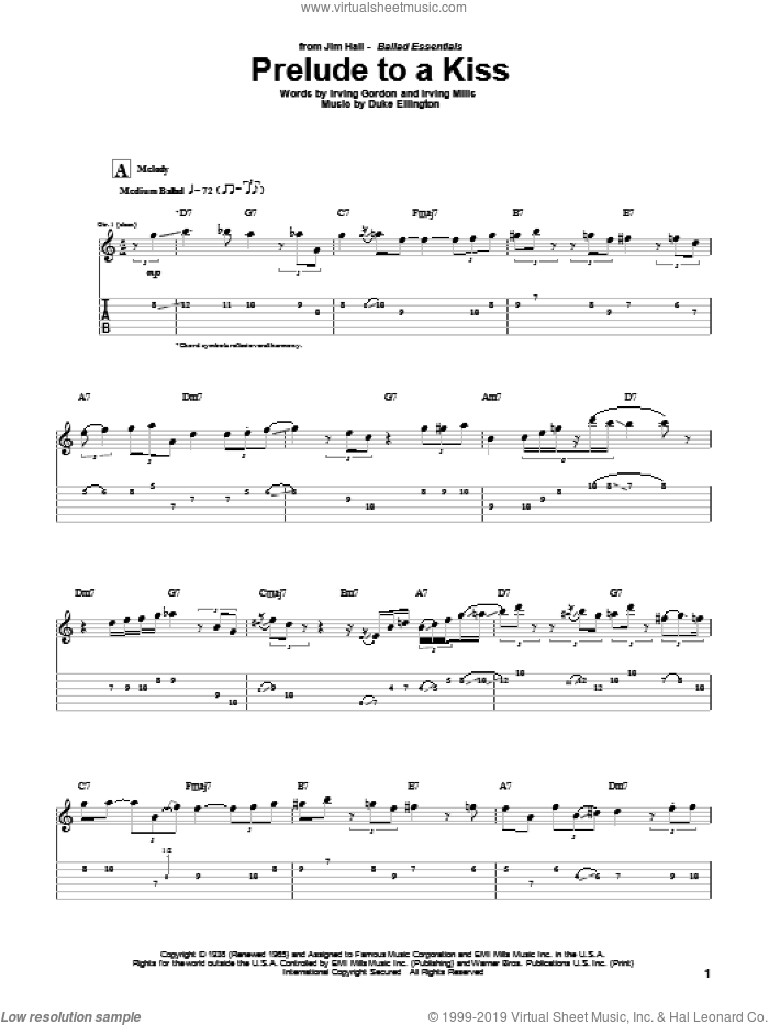 Prelude To A Kiss sheet music for guitar (tablature) by Jim Hall, Duke Ellington, Irving Gordon and Irving Mills, intermediate skill level