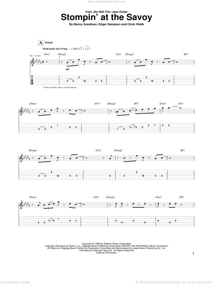 Stompin' At The Savoy sheet music for guitar (tablature) by Jim Hall, Andy Razaf, Benny Goodman, Chick Webb and Edgar Sampson, intermediate skill level