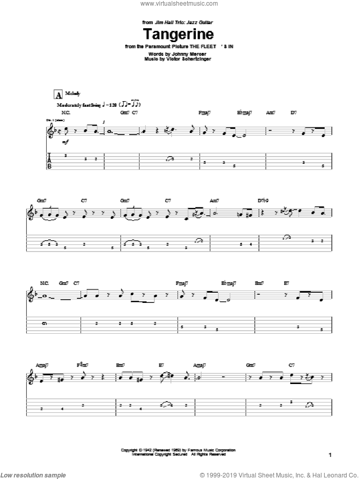 Tangerine sheet music for guitar (tablature) by Jim Hall, Johnny Mercer and Victor Schertzinger, intermediate skill level