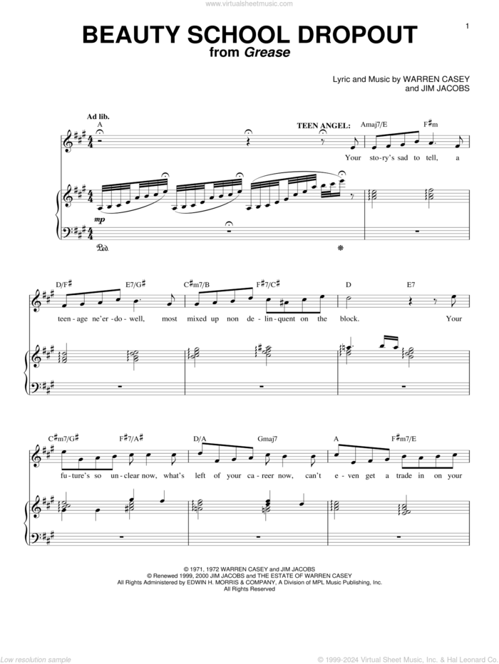 Beauty School Dropout sheet music for voice and piano by Frankie Avalon, Grease (Musical), Jim Jacobs and Warren Casey, intermediate skill level