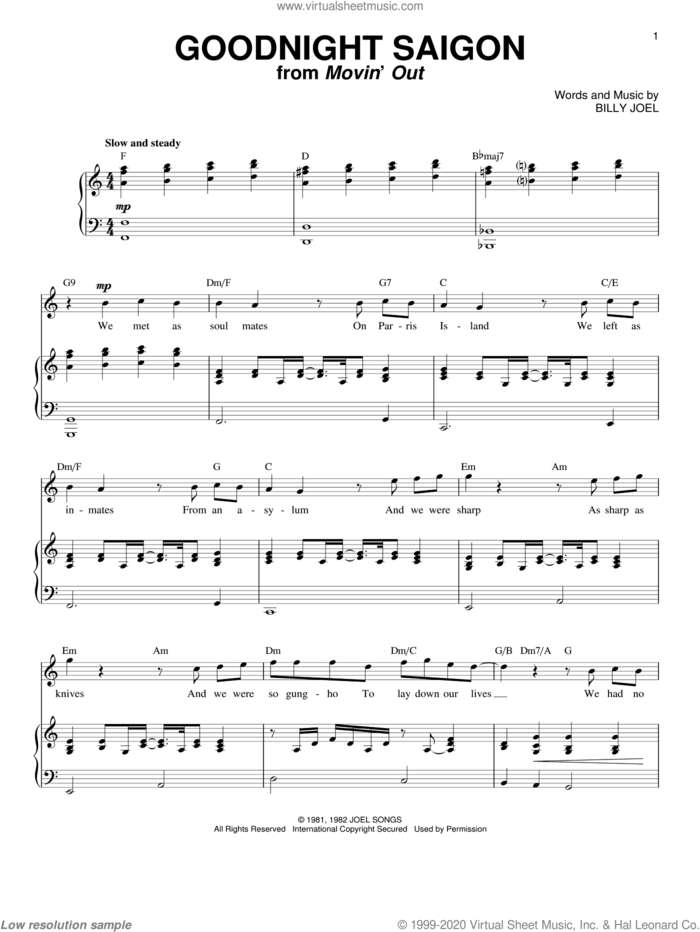 Goodnight Saigon sheet music for voice and piano by Billy Joel, intermediate skill level