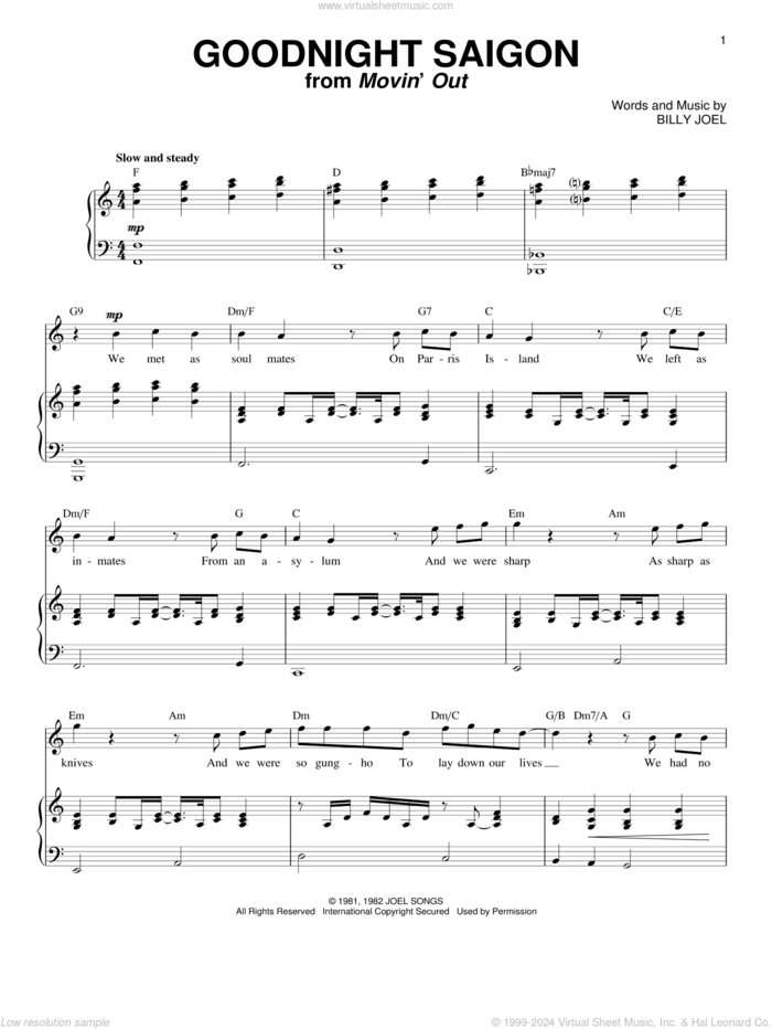 Goodnight Saigon sheet music for voice and piano by Billy Joel, intermediate skill level