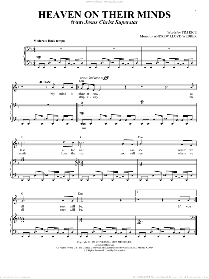 Heaven On Their Minds sheet music for voice and piano by Andrew Lloyd Webber, Jesus Christ Superstar (Musical) and Tim Rice, intermediate skill level