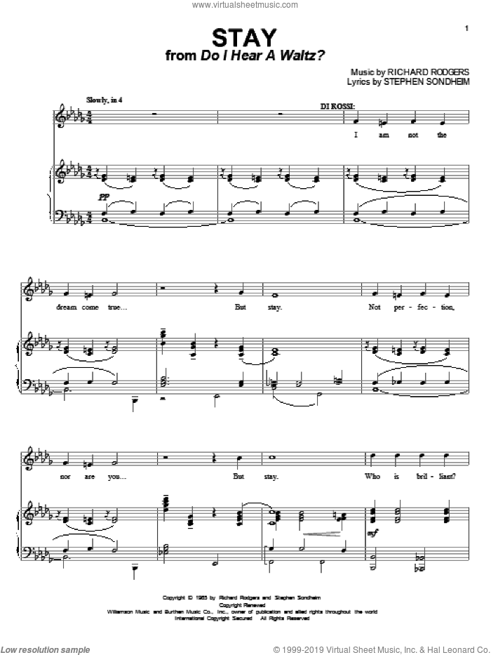Stay (from Do I Hear A Waltz?) sheet music for voice and piano by Stephen Sondheim and Richard Rodgers, intermediate skill level