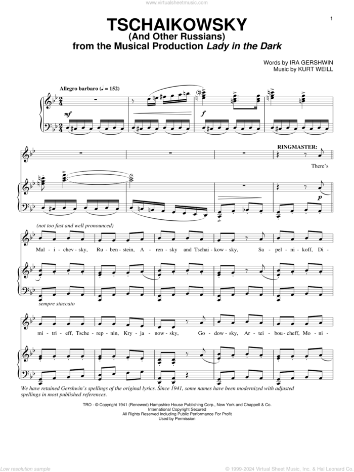 Tschaikowsky (And Other Russians) sheet music for voice and piano by Ira Gershwin and Kurt Weill, intermediate skill level