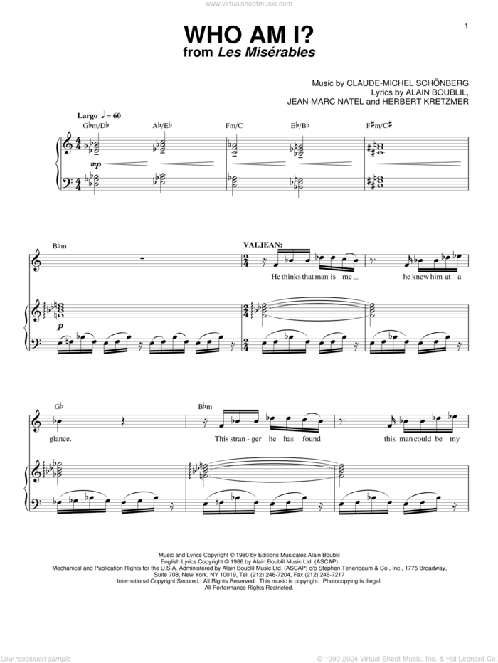 Who Am I? sheet music for voice and piano by Boublil and Schonberg, Les Miserables (Musical), Alain Boublil, Claude-Michel Schonberg, Herbert Kretzmer and Jean-Marc Natel, intermediate skill level