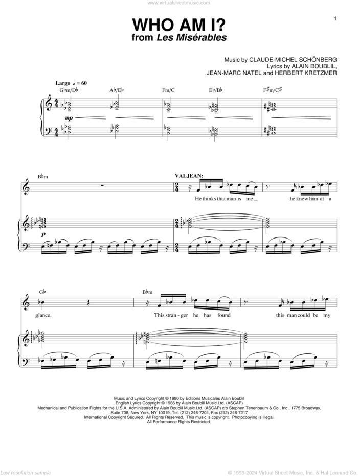 Who Am I? sheet music for voice and piano by Boublil and Schonberg, Les Miserables (Musical), Alain Boublil, Claude-Michel Schonberg, Herbert Kretzmer and Jean-Marc Natel, intermediate skill level