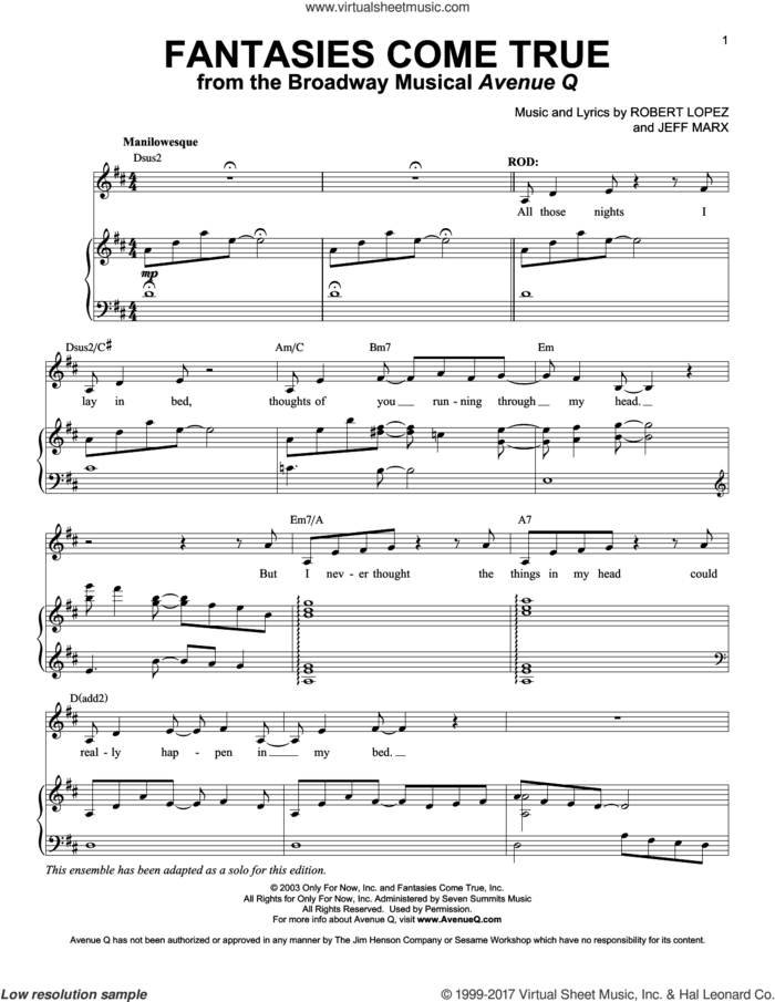 Fantasies Come True (from Avenue Q) sheet music for voice and piano by Avenue Q, Jeff Marx, Robert Lopez and Robert Lopez & Jeff Marx, intermediate skill level