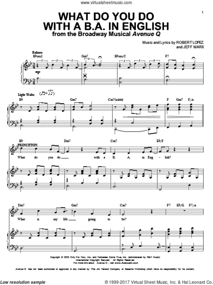 What Do You Do With A B.A. In English (from Avenue Q) sheet music for voice and piano by Avenue Q, Jeff Marx, Robert Lopez and Robert Lopez & Jeff Marx, intermediate skill level