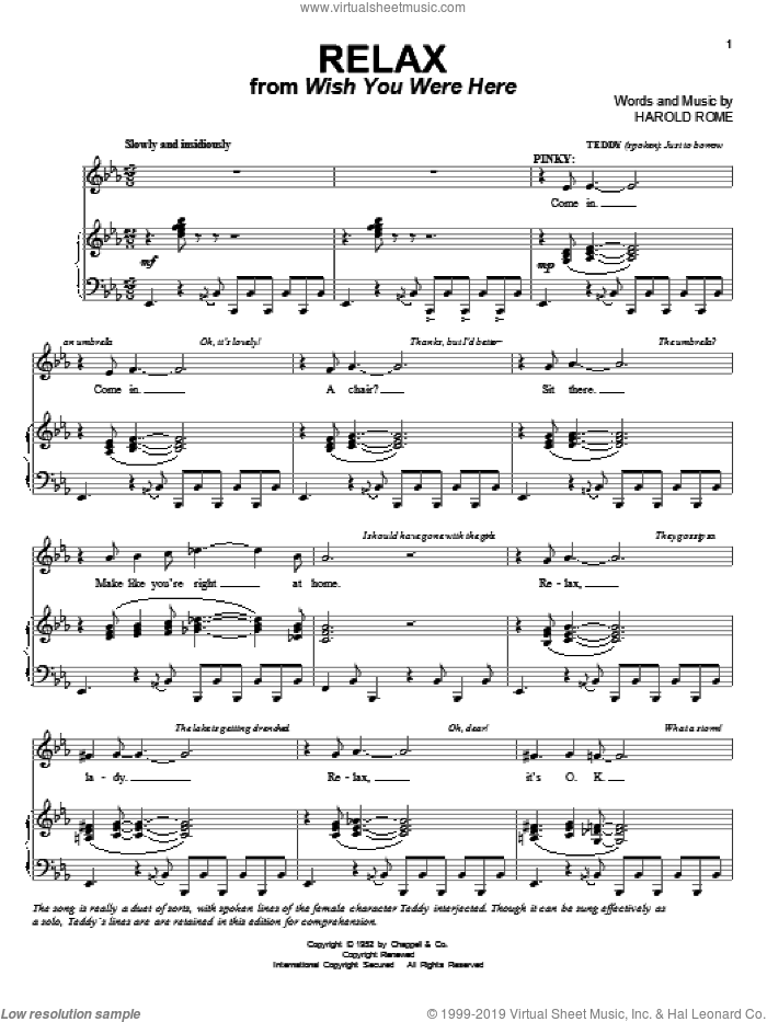 Relax sheet music for voice and piano by Harold Rome, intermediate skill level